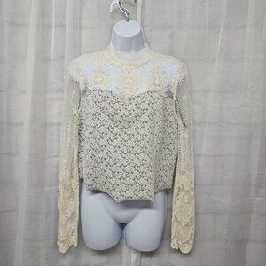 Panitti Cream Lace Sheer Top Fairy Boho Cropped Coquette Y2K M